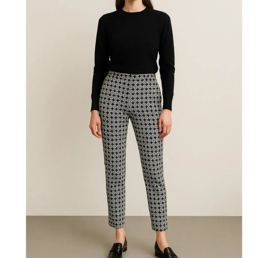 Tory Burch Women’s Callie Jaquard Seamed Black Ivory Mid Rise Cropped Pants Sz 8